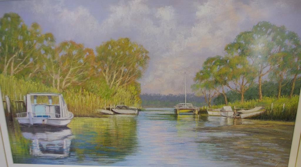 Margaret Looney, Reflections Sussex Inlet pastel, signed lower right, 41cm x 70cm approx.