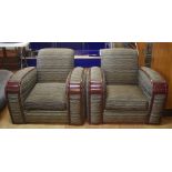 Two Art Deco single lounge chairs with stripe fabric upholstery and timber trim detail to arms, 91cm