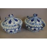 Pair of early blue and white lidded tureens duel handled with rural scene to interior, 30cm diameter