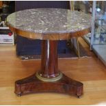 Georgian style marble top centre table with round top supported by a pedestal column on trefoil base