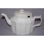 Early 19th century white salt glazed teapot in Castleford style, restoration to top rim, 25cm wide