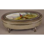 Sterling silver footed trinket box with handpainted Royal Worcester pheasant ceramic insert,