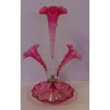Victorian ruby glass epergne large central trumpet flanked by 2 smaller trumpets, 45cm high approx.