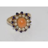 9ct yellow gold, coral, pearl & blue enamel ring weight: approx 4.8 grams, size: M/6