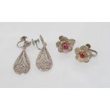 Two pairs of filigree earrings with screw-fittings one with silver markings