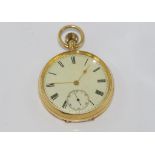 18ct yellow gold open faced pocket watch with internal metal cover, not working when tested