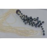 Long pearl necklace with moveable clasp with white and peacock coloured pearls