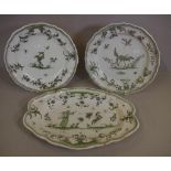 Three matching 18th century faience plates all as inspected with old staple restoration, dinner