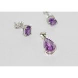 Sterling silver, amethyst & diamond set comprising pendant with matching earrings