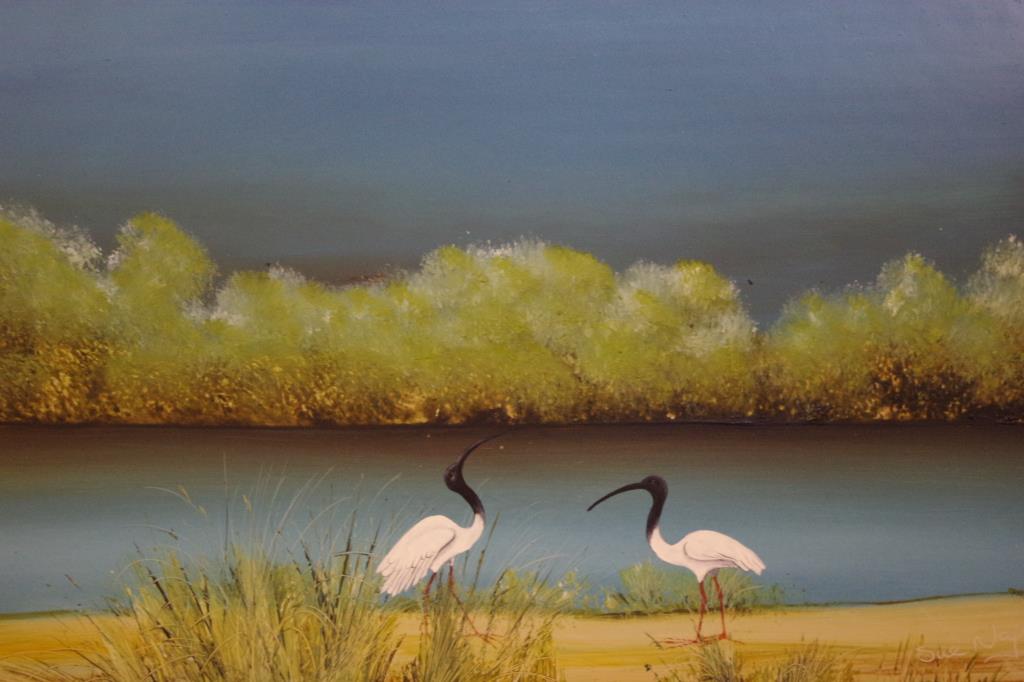 Sue Nagel Australia, 1942- "water birds" oil on board, signed lower right, 24cm X 36cm approx