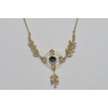 Delicate gold, sapphire and pearl pendant necklace marked 14K, weight: approx 4.8 grams