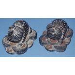 Two carved timber money frog figurines Feng Shui for wealth, H9cm approx