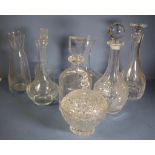 Quantity of decanters and carafes plus a lidded bowl