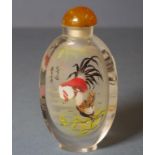 Large Chinese glass snuff bottle with internal painting of a Cockerel.