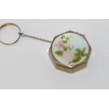 Antique sterling silver dance compact/purse by EJB with enamelled flowers and finger ring