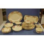 Part Royal Doulton Roses and Wattle dinner service to include 5 dinner plates, 7 entree plates, 4