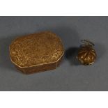 Early Burmese metal box engraved & embossed lid & sides (9X6cms approx); together with Burmese metal