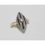 Art Deco gold ring with diamonds and sapphires, tests as approx 14ct gold, weight: approx 2.56
