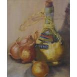 Artist unknown, Chianti still life oil on board, 24cm x 19cm approx.