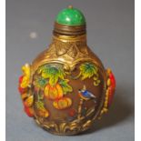 Chinese painted glass snuff bottle with metal overlay