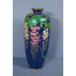 Japanese cloisonne vase with dark blue ground & wisteria foil decoration, 18.5cm high approx., as