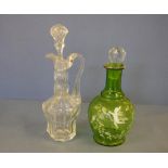 Vintage green Mary Gregory decanter (stopper been replaced), together with a cut glass ewer