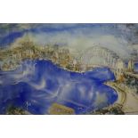 Judith White working 1980s-90s "Arial Sydney harbour view" mixed media on paper, signed lower right,