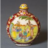 Chinese enamel snuff bottle with group scene one side and calligraphy on reverse