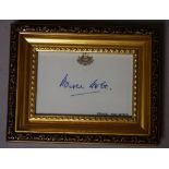 Signed Harold Holt card as Australian prime minister, 13.5cm x 10.5cm (frame)