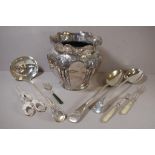 Eight various silver plated ware to include cutlery, jardiniere; near pair basting spoons; ladle; pr