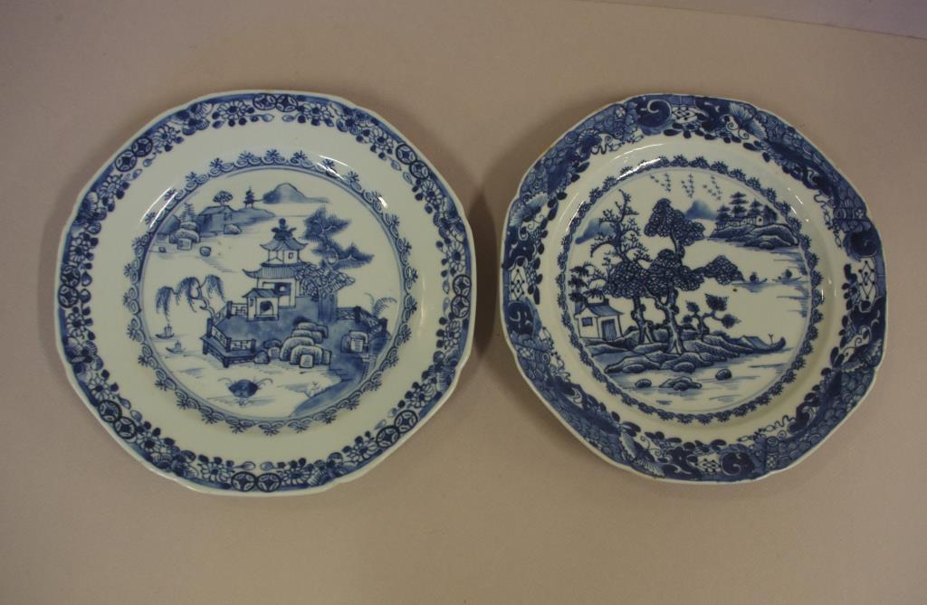 Two Chinese Qing porcelain blue & white plates 22.5cm wide approx