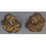 Two carved timber money frog figurines Feng Shui for wealth, H9cm approx