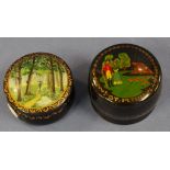 Two Russian lacquer ware trinket boxes both with decorative figural scene tops, D6.5cm approx