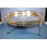 Vintage silver plated circular tray with pierced gallery & 3 removable feet, 48cm diameter approx.