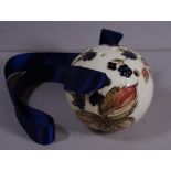 Boxed Moorcroft pot pouri ball with fabric ribbon attachment.
