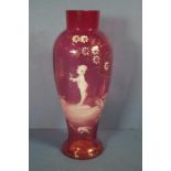 Victorian Mary Gregory cranberry glass vase 26cm high approx., chips to rim