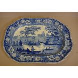 Staffordshire blue and white meat platter, C:1820 'Wild Rose' pattern, 52cm x 38cm