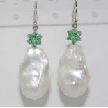 Columbian emerald & baroque pearl earrings on 9ct white gold hooks