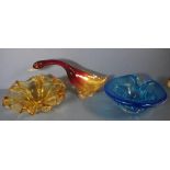 Murano glass goose figure as inspected & 2 similar glass bowls