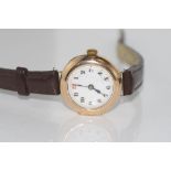 9ct rose gold 1920's mechanical watch with leather band, working when tested