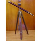 Vintage telescope with brass & leather trim on wooden and brass tripod, 100 cm long (telescope), 110