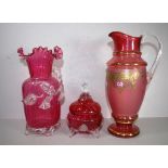 Victorian ruby glass vase and lidded bowl together with a gilt and ruby glass jug, 29cm high(