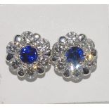 18ct gold Ceylon sapphire&diamond cluster earrings set in white gold with12 diamonds = 1.30cts -