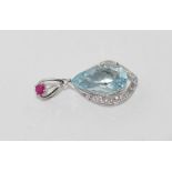 18ct white gold, aquamarine and ruby pendant aquamarine = 4 cts, diamonds = 18points, weight: approx