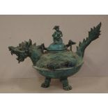 Vintage Chinese cast metal dragon teapot on 3 feet with figural lid, 31cm high