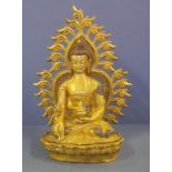 Tibetan gilt bronze seated Buddha figure with hands in teaching gesture position, H35cm approx
