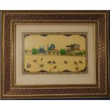 Persian School framed picture Polo Match with Mosque in background. Gouache, in inlaid frame.