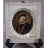 Miniature portrait of Wagner with 'piano key' frame, signed 'Sticler', 14.5cm x 12cm (frame)