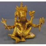 Tibetan gilt metal Ganesh figure seated in Yab- Yum with his consort Samantabhadri, H13cm approx