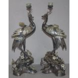 Pair of Oriental silver stalk candlesticks with inlaid mother of pearl, jade, and semi precious